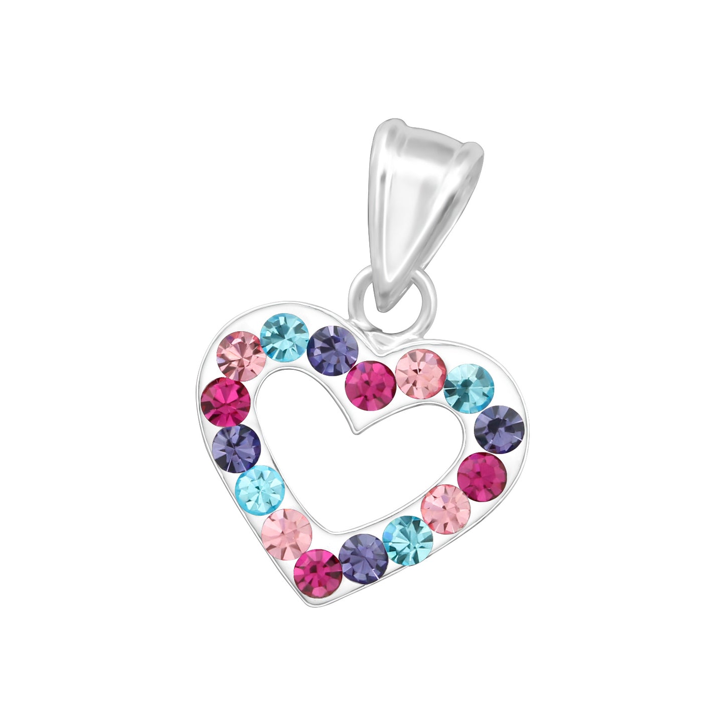 Sterling Silver 925 Heart Pendant Necklace with 16 Colorful Zirconia