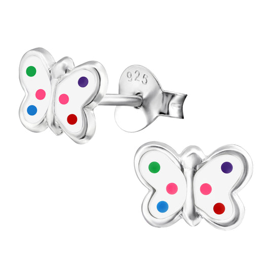 Stud Earrings with White Butterfly and Multicolored Dots