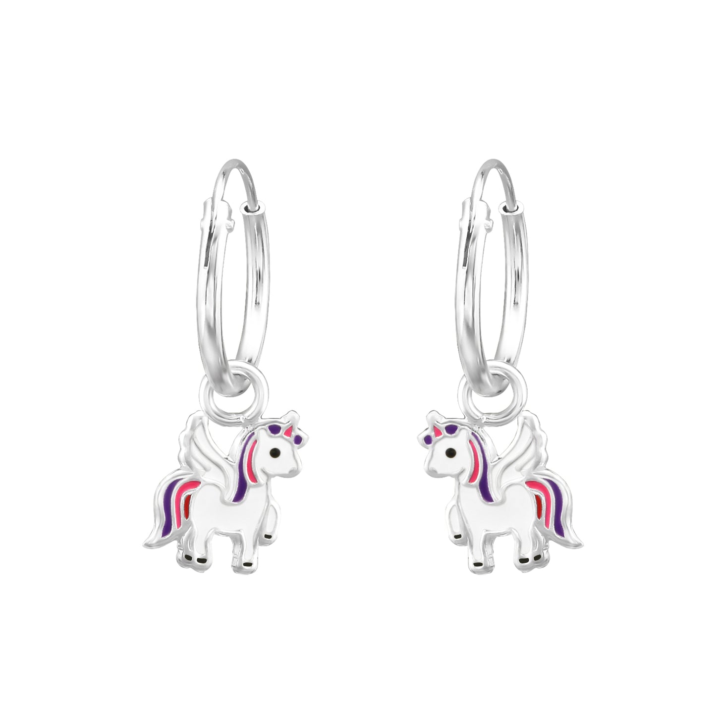 Round drop earrings with a pink and purple unicorn