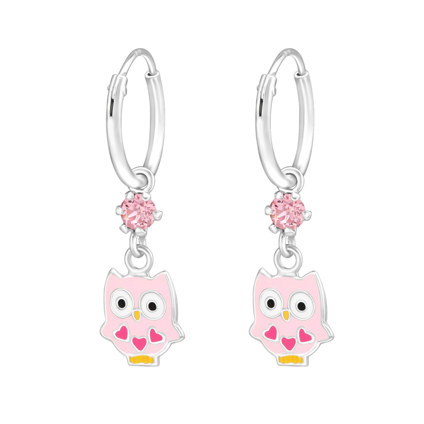 Round hook earrings with owls and pink crystals