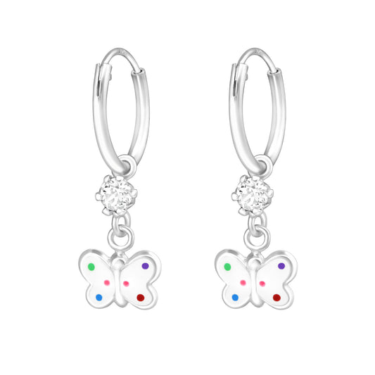 Round drop earrings with butterflies and white crystals