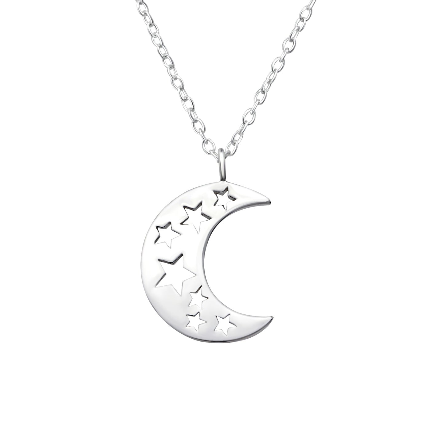 925 Sterling Silver Necklace with Crescent Moon and Star Cut-Out Pendant