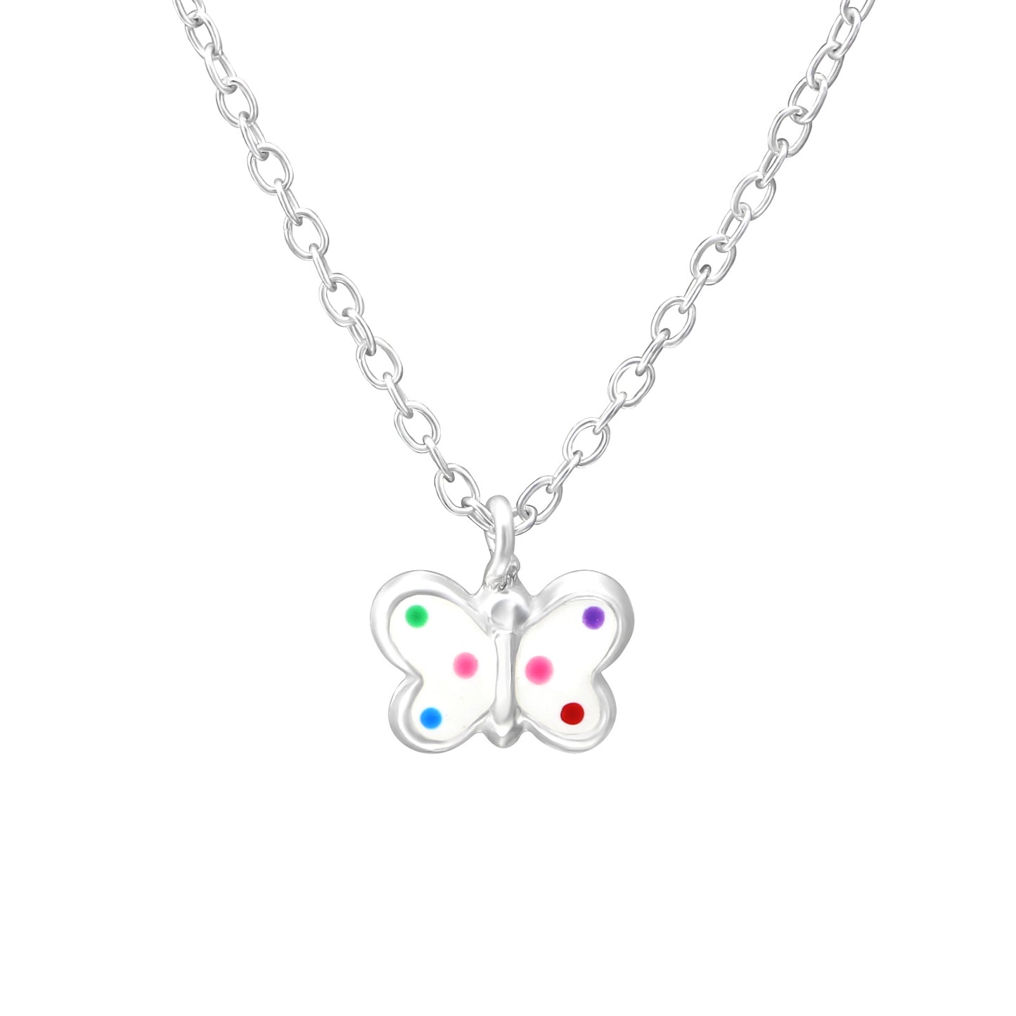 Elegant White Butterfly Necklace with Colorful Dots, 925 Silver, Delicate Design