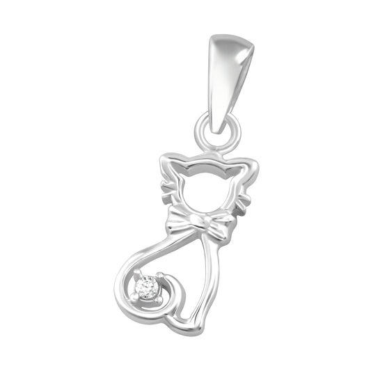 925 Sterling Silver Necklace with Cat Outline Pendant, Bow Tie, and White Crystal – 999 Silver Plated with Anti-Tarnish Coating