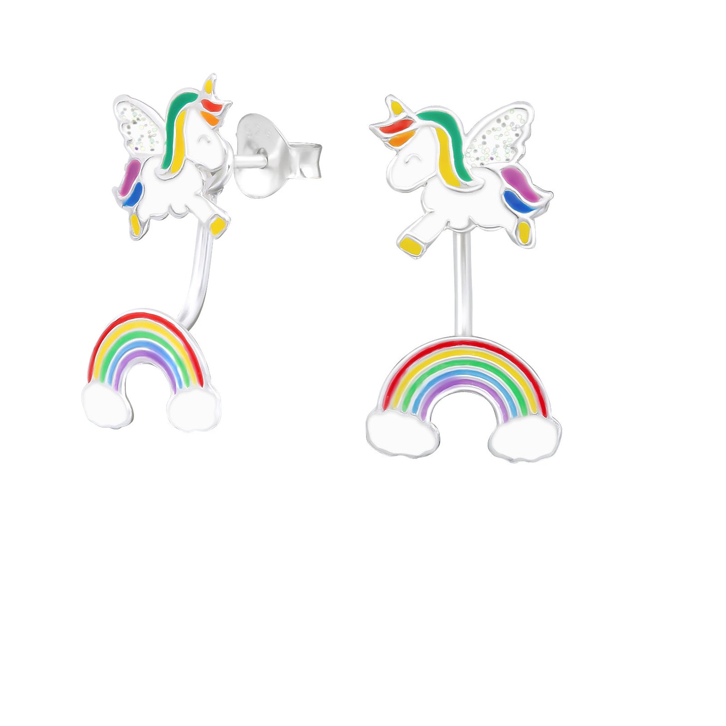 Stud earrings with a unicorn and a rainbow