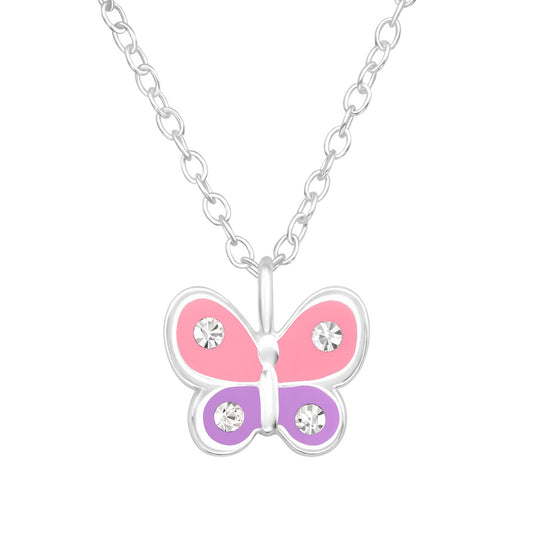 Necklace featuring a pink and purple butterfly with 4 white crystals