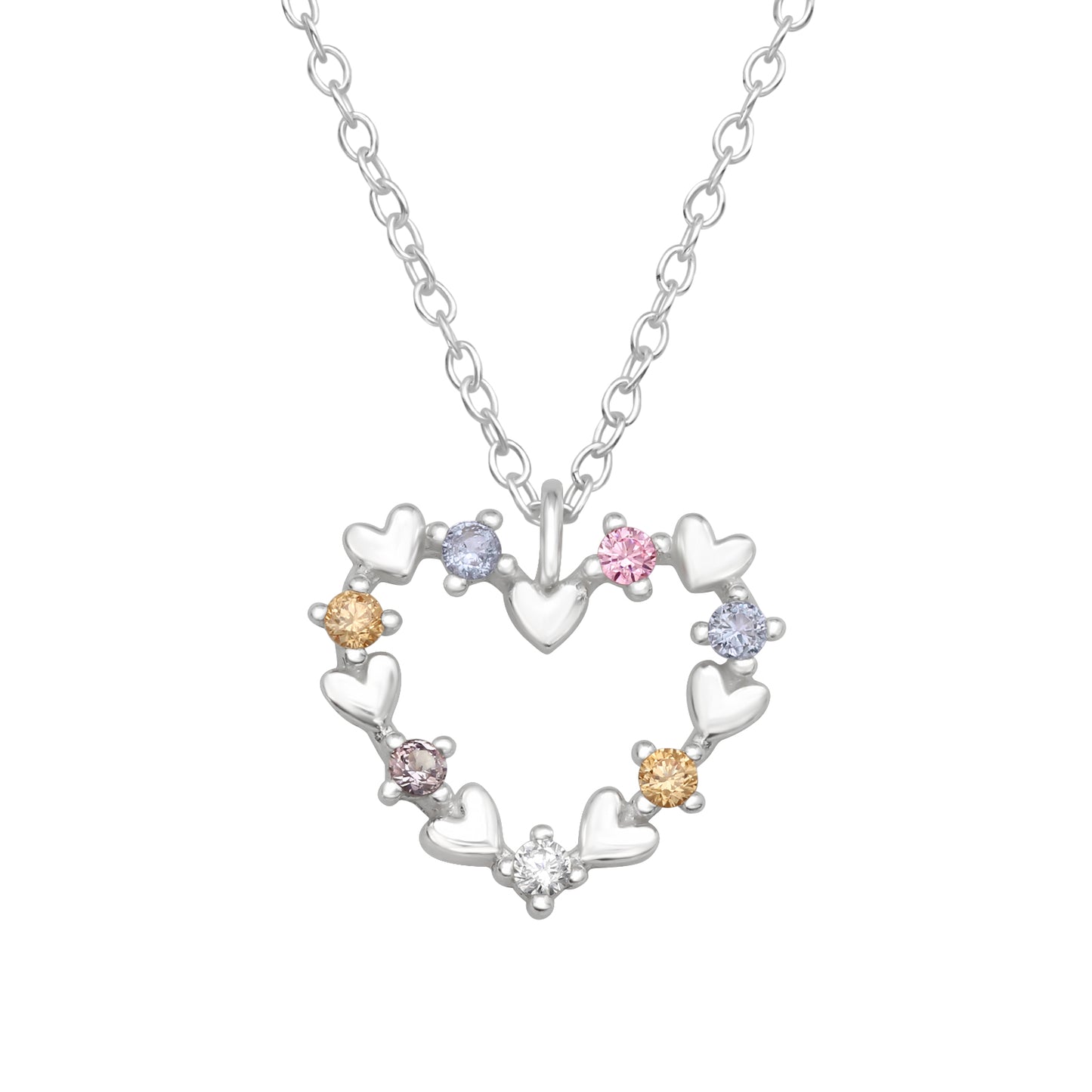 Heart necklace with colorful zirconia stones and small hearts