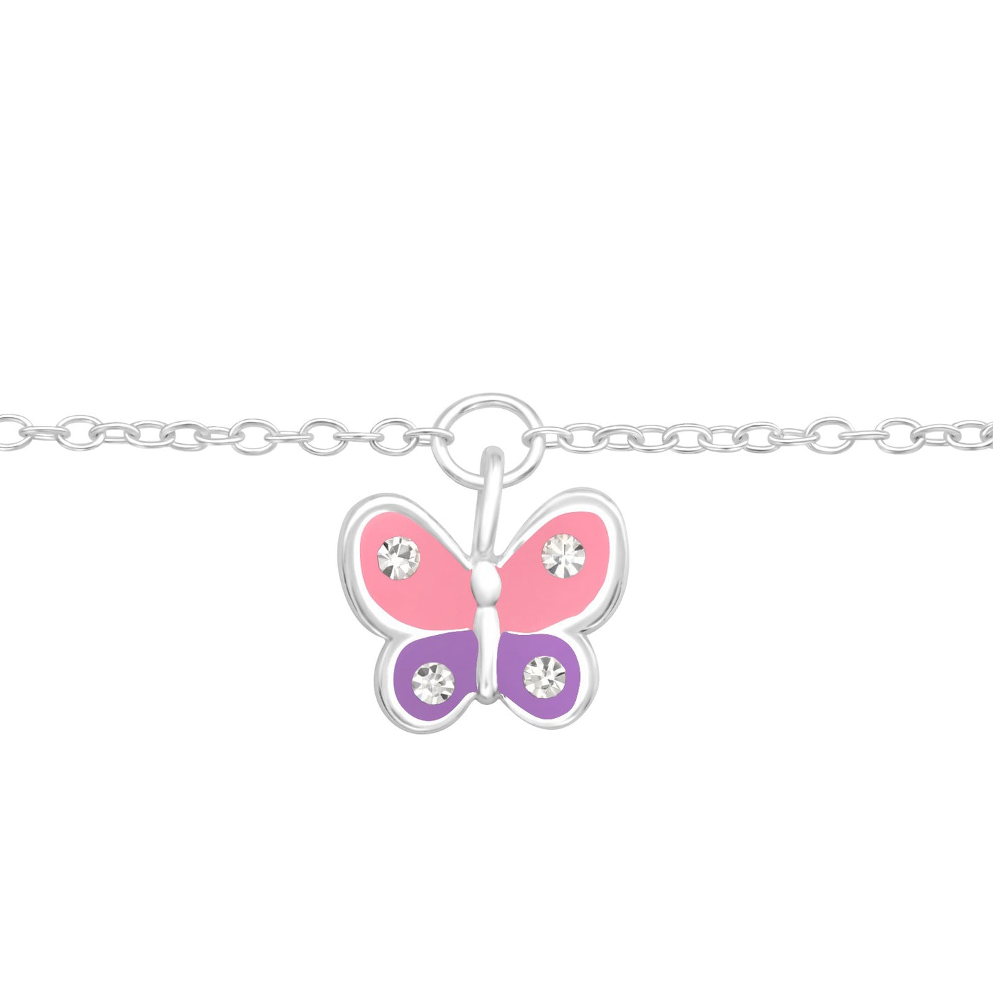 Bracelet featuring a pink and purple butterfly with 4 white crystals