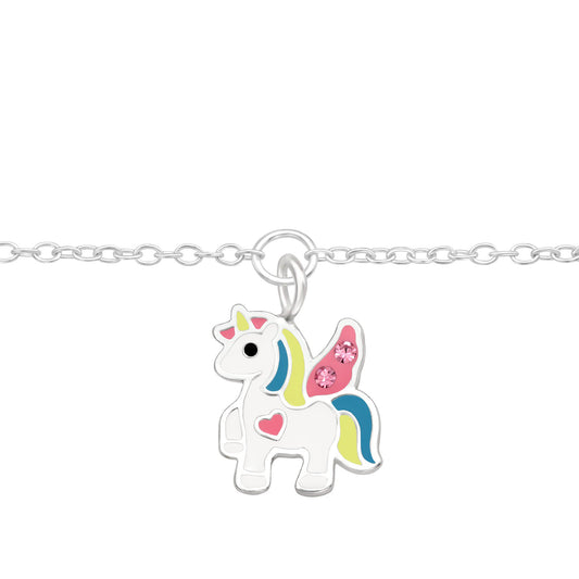 925 Silver Bracelet for Kids- Unicorn with Pink Wings and Sparkling Crystals