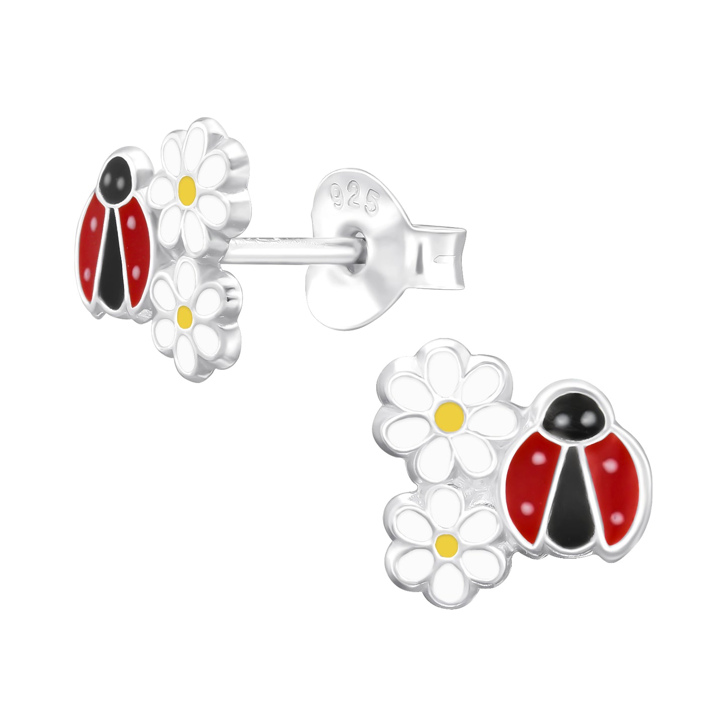 Stud earrings with 2 daisies and a ladybug