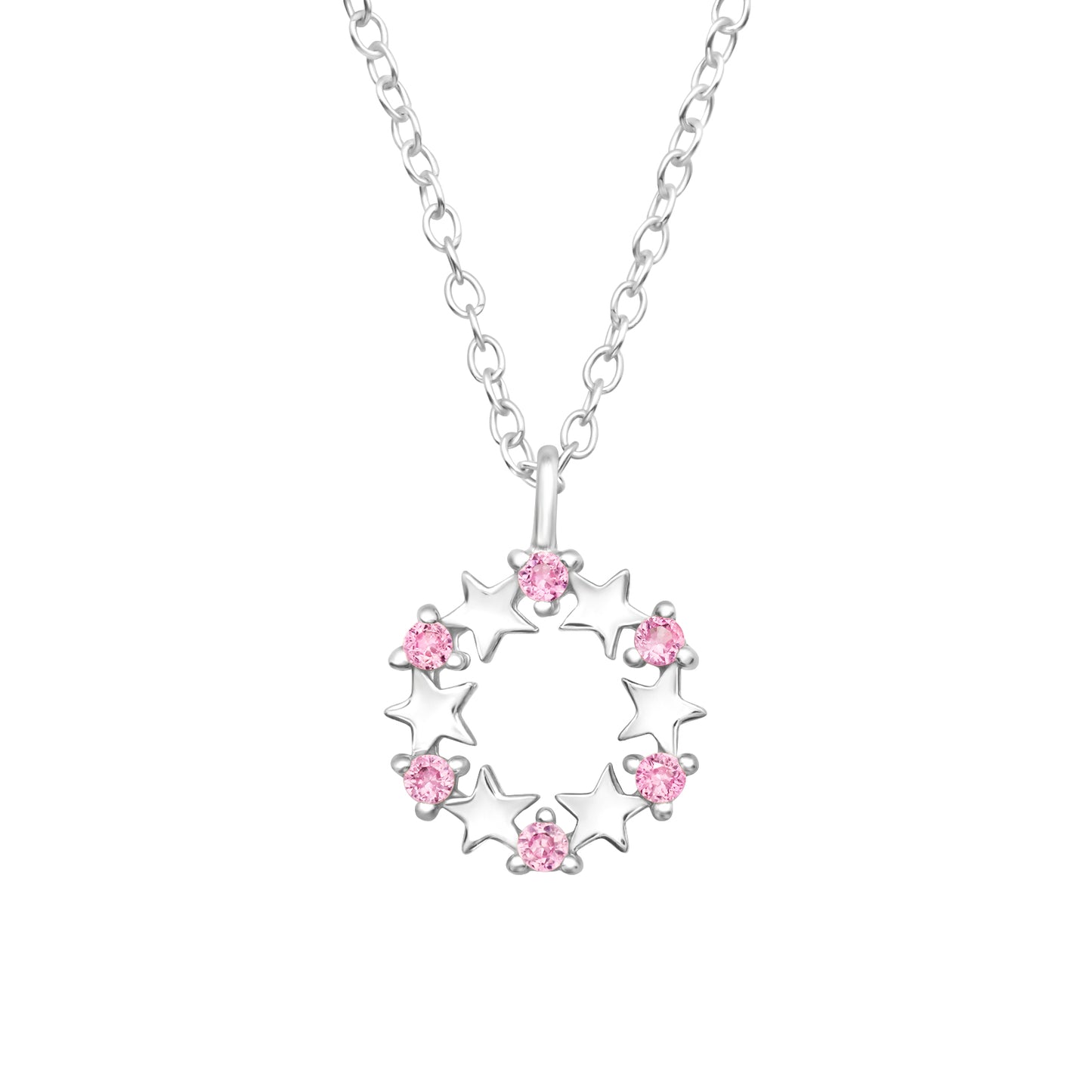 Necklace with a round pendant featuring stars and pink zirconia stones