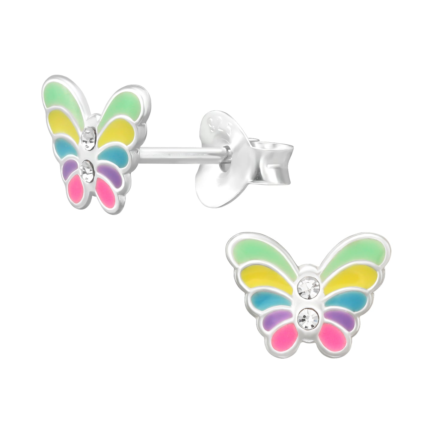 Pendientes de botón en forma de mariposa con alas multicolor y cristales blancos.