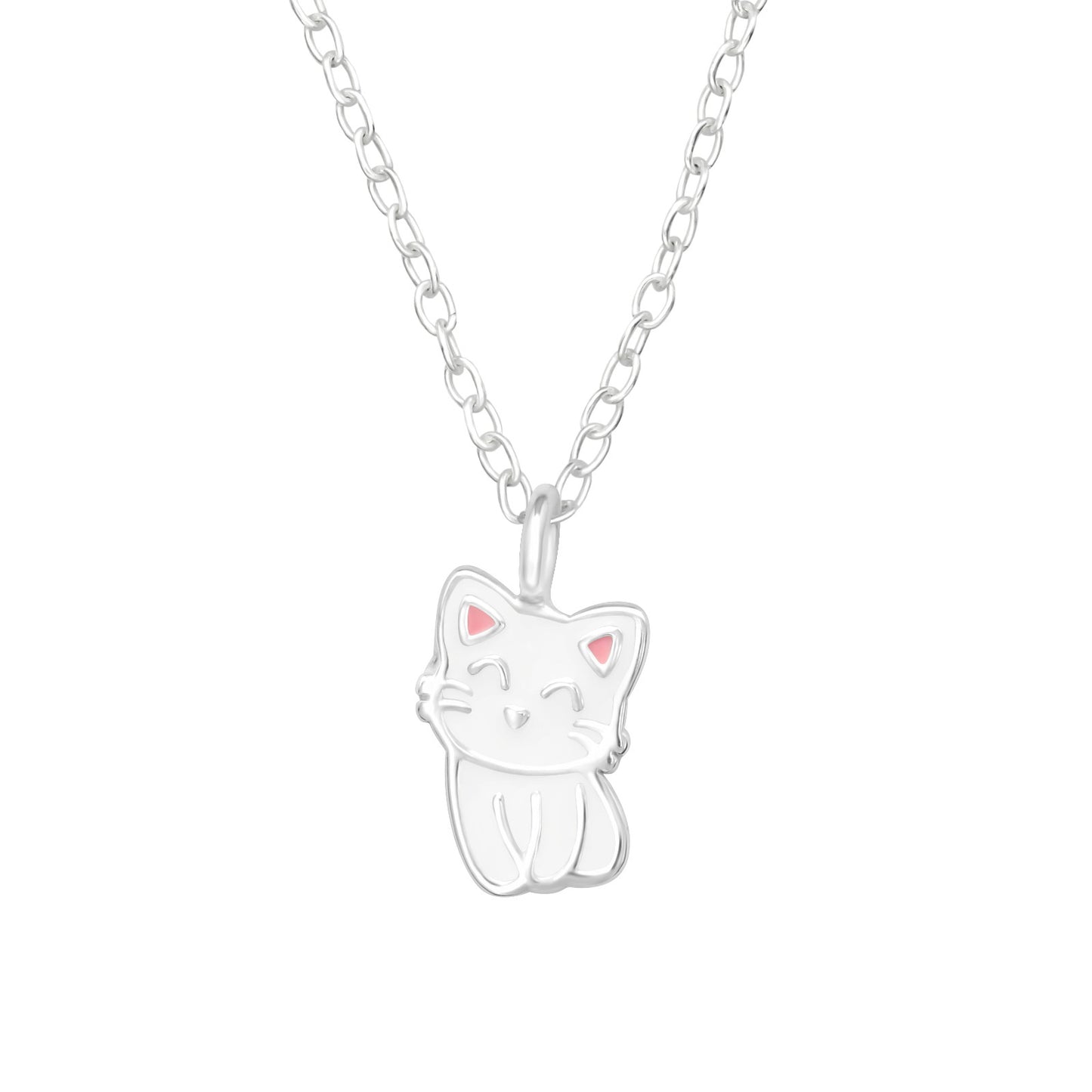 925 Sterling Silver Necklace with White Cat Pendant and Pink Ears – Unique and Delicate Design