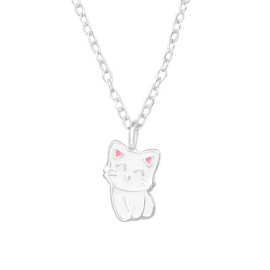 925 Sterling Silver Necklace with White Cat Pendant and Pink Ears