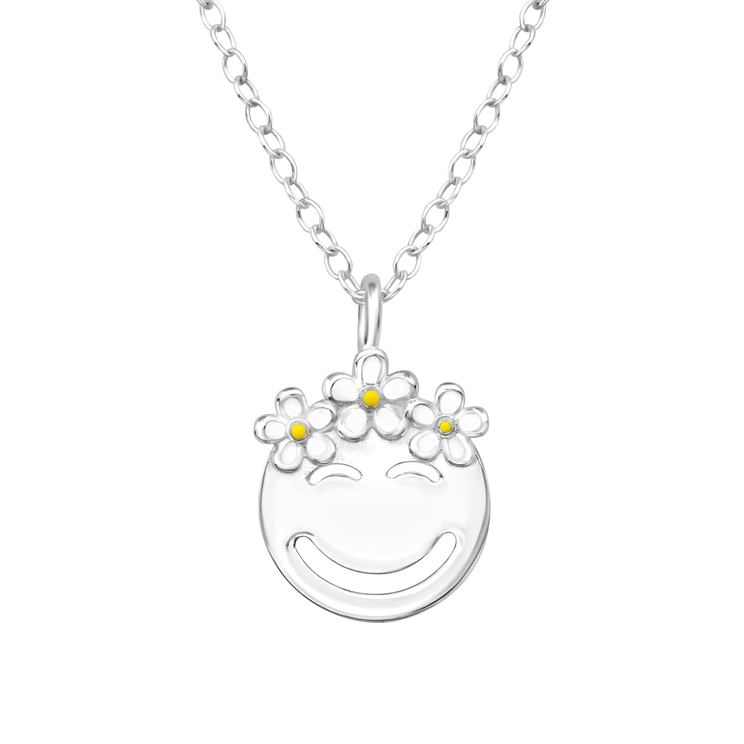 Necklace with a smiling face pendant and a crown with 3 white daisies