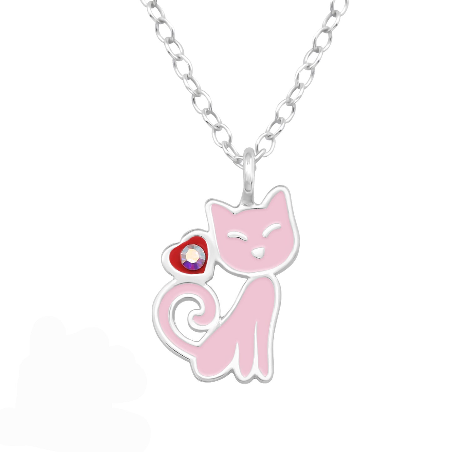 Silver Cat Pendant Necklace for Kids with Pink Epoxy Resin, Heart, and Crystal – 925 Sterling Silver with Anti-Tarnish Coating