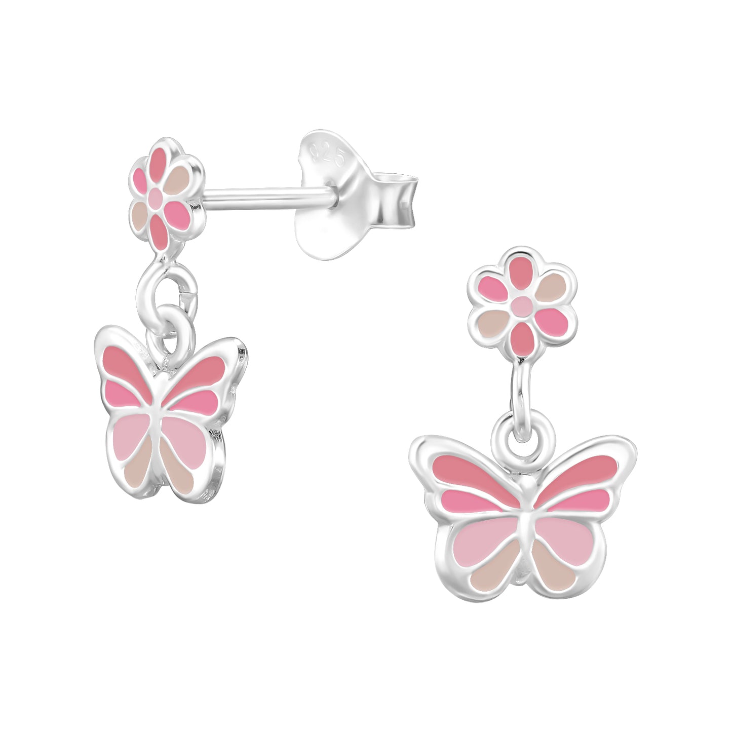 Stud earrings with butterflies and flowers in shades of pink