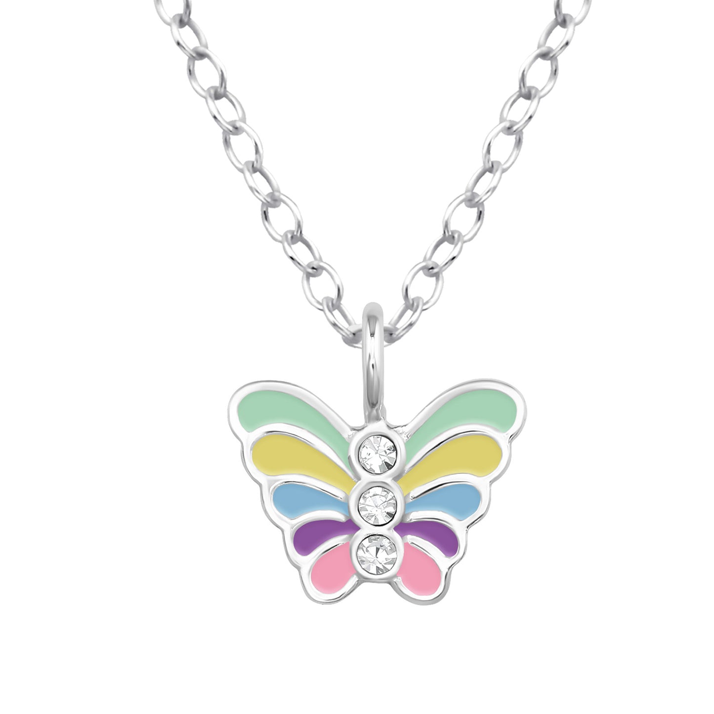 Necklace with a butterfly pendant featuring colorful wings and centrally placed crystals