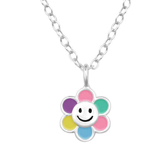 Necklace featuring a smiling flower pendant with multicolored petals