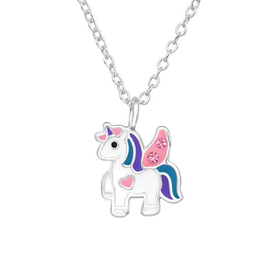 Sterling Silver Unicorn Necklace with Pink Sparkling crystals - for Kids