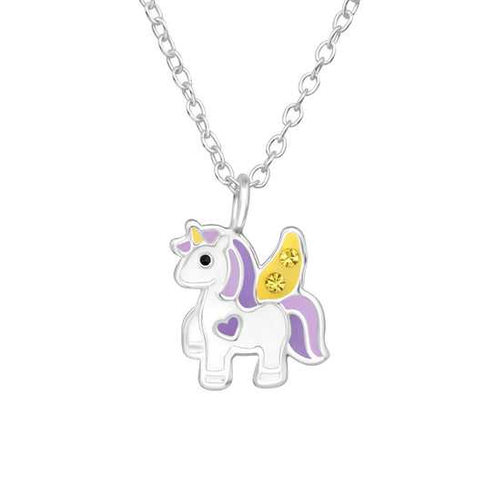 Sterling Silver Purple Unicorn Necklace with Yellow Sparkling crystals - for Kids