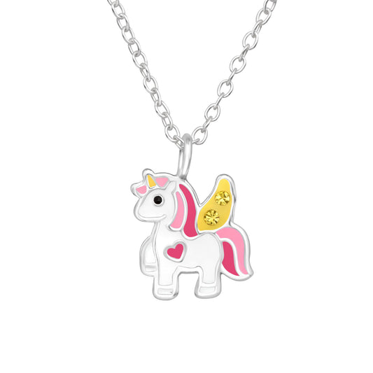 Sterling Silver Unicorn Necklace with Yellow Sparkling crystals - for Kids