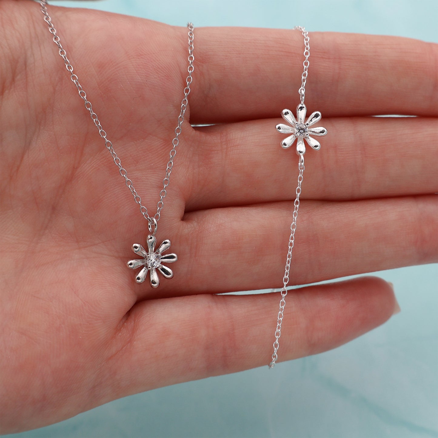 Flower Pendant Necklace & Bracelet Set with Central Zirconia