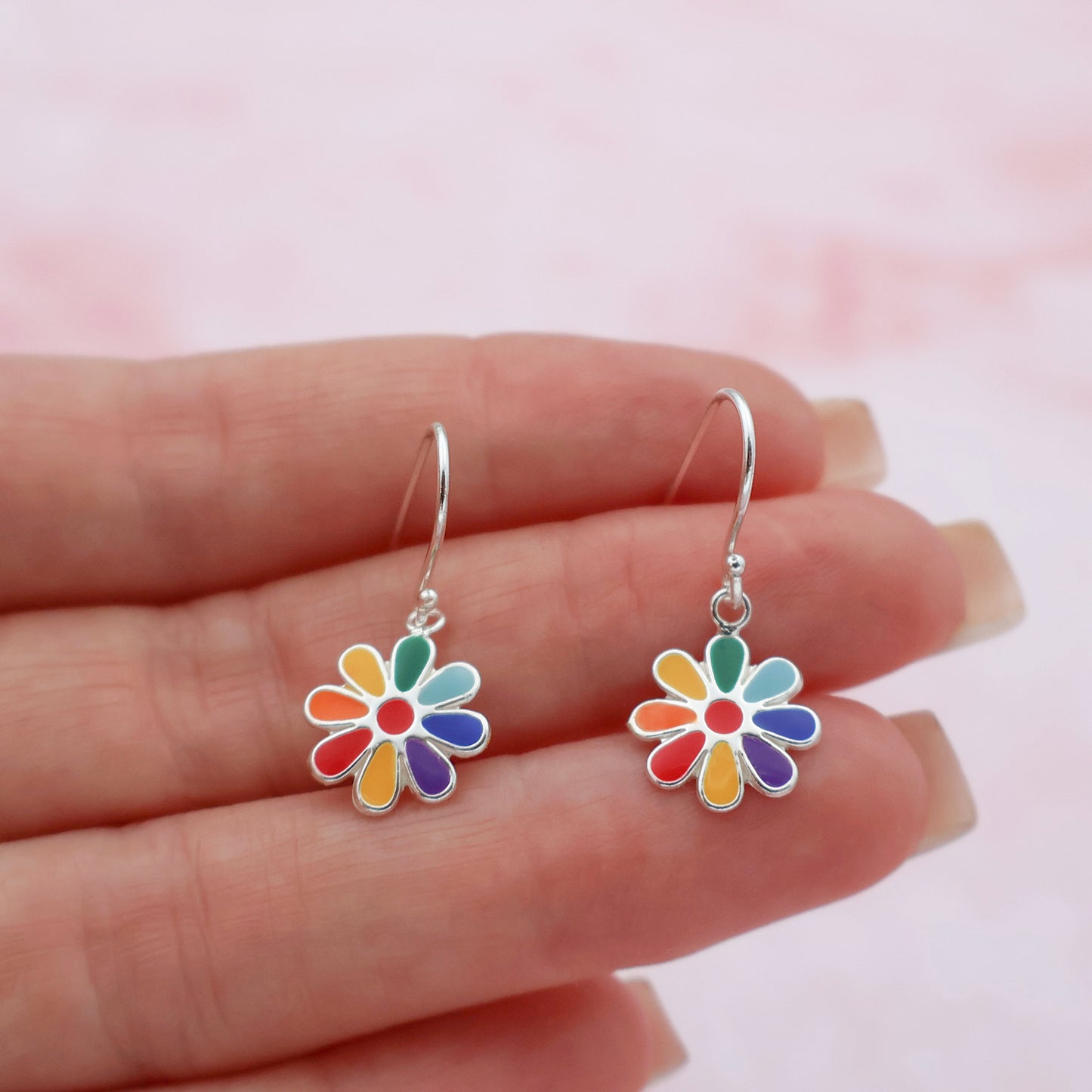 Earrings with hooks and multicolored flower petals