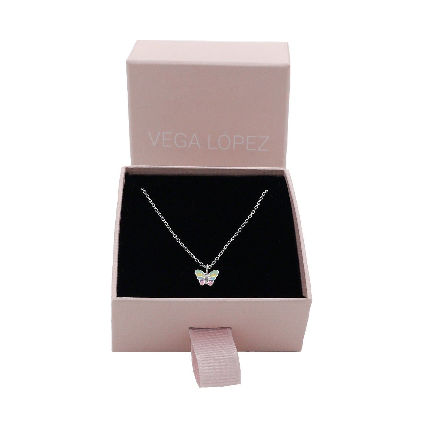 Necklace with a butterfly pendant featuring colorful wings and centrally placed crystals