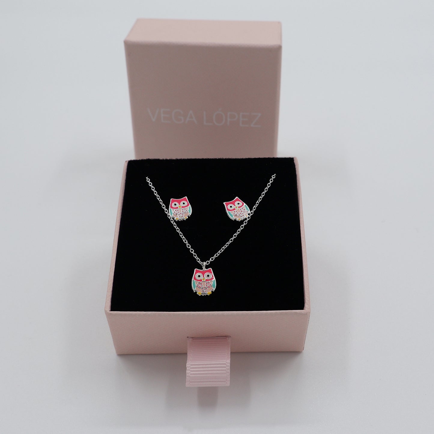 Sterling Silver Jewelry Set for Kids – Necklace and Earrings, Multicolored Owl