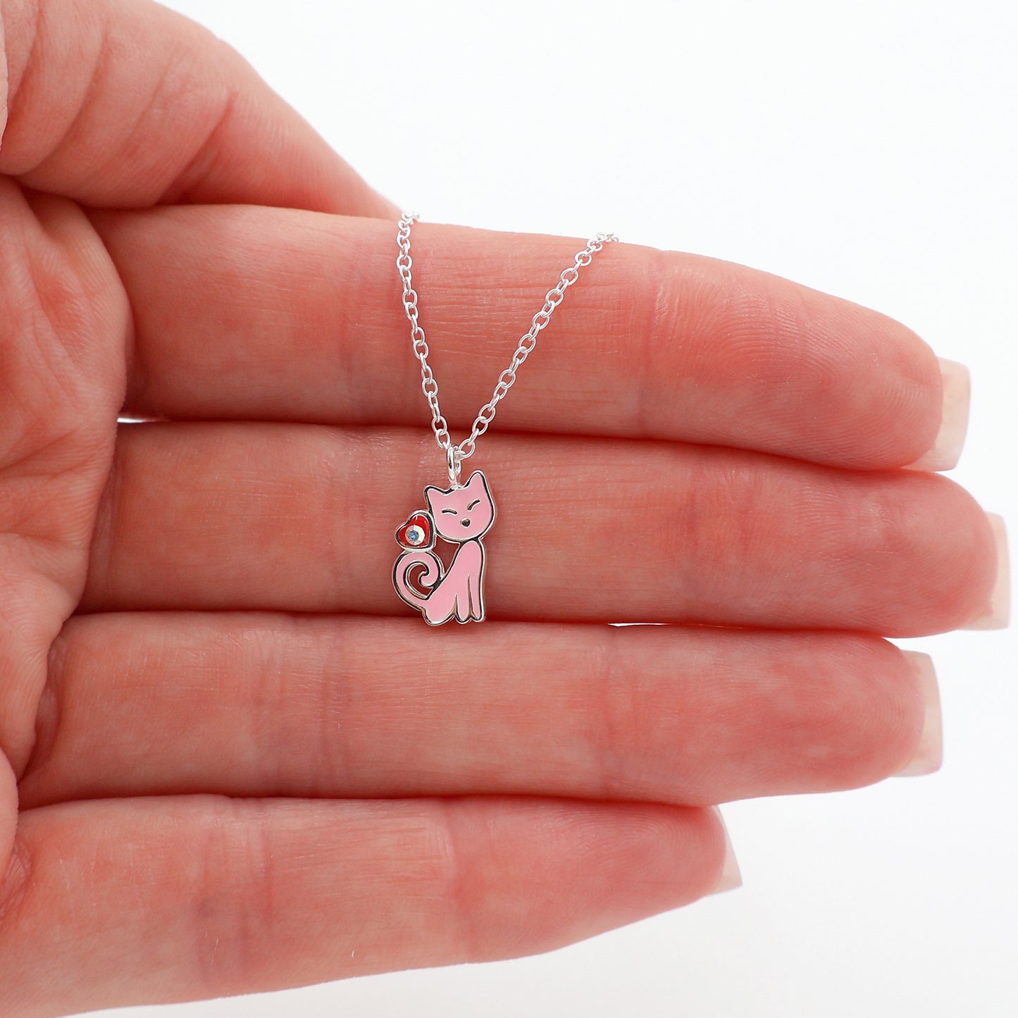 Silver Cat Pendant Necklace for Kids with Pink Epoxy Resin, Heart, and Crystal – 925 Sterling Silver with Anti-Tarnish Coating