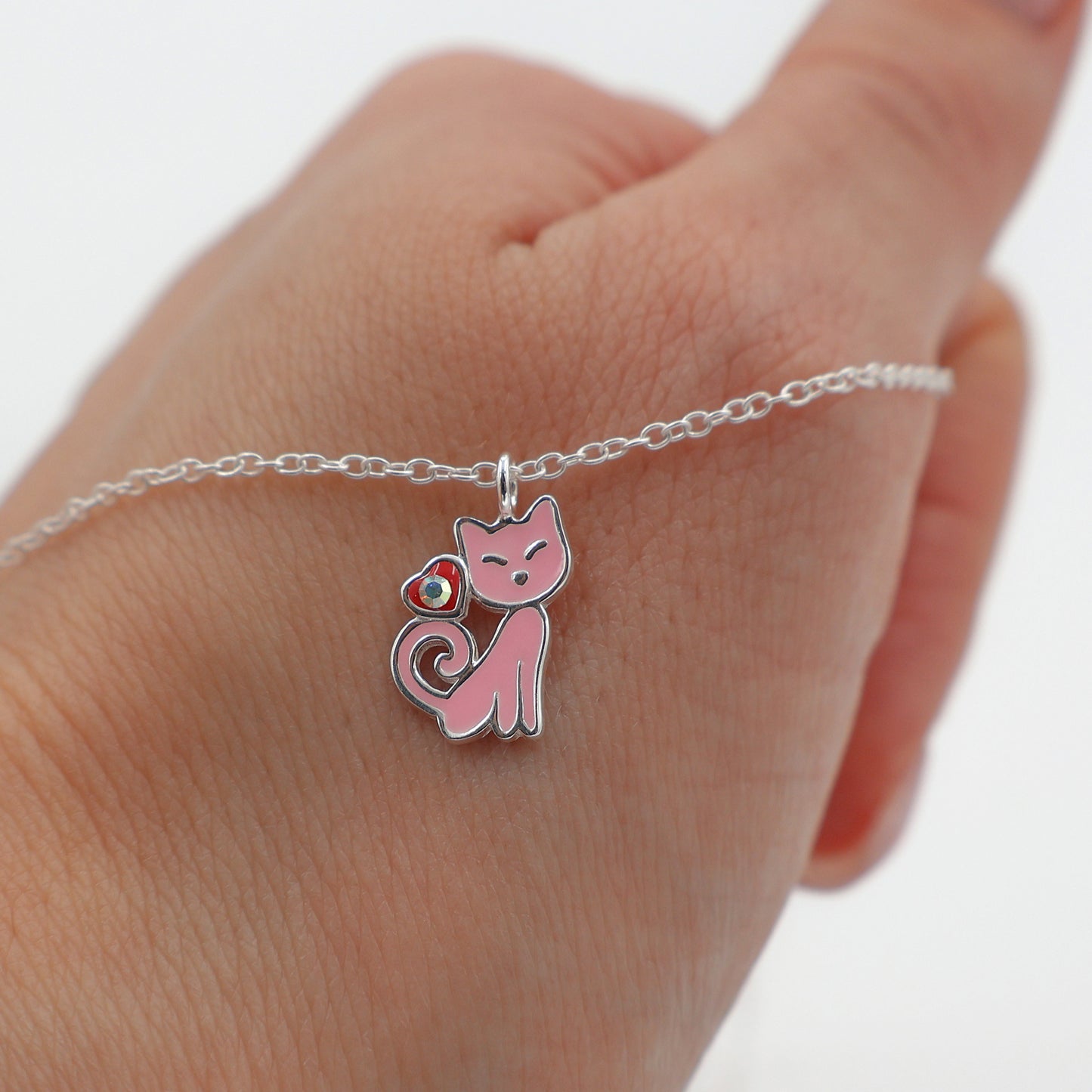 Silver Cat Pendant Necklace for Kids with Pink Epoxy Resin, Heart, and Crystal – 925 Sterling Silver with Anti-Tarnish Coating