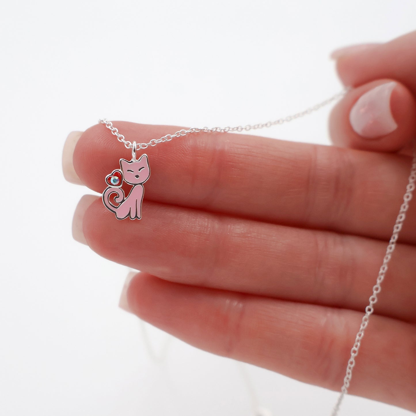 Silver Cat Pendant Necklace for Kids with Pink Epoxy Resin, Heart, and Crystal – 925 Sterling Silver with Anti-Tarnish Coating