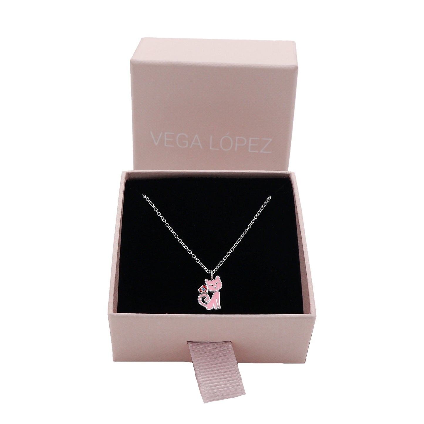 Silver Cat Pendant Necklace for Kids with Pink Epoxy Resin, Heart, and Crystal – 925 Sterling Silver with Anti-Tarnish Coating