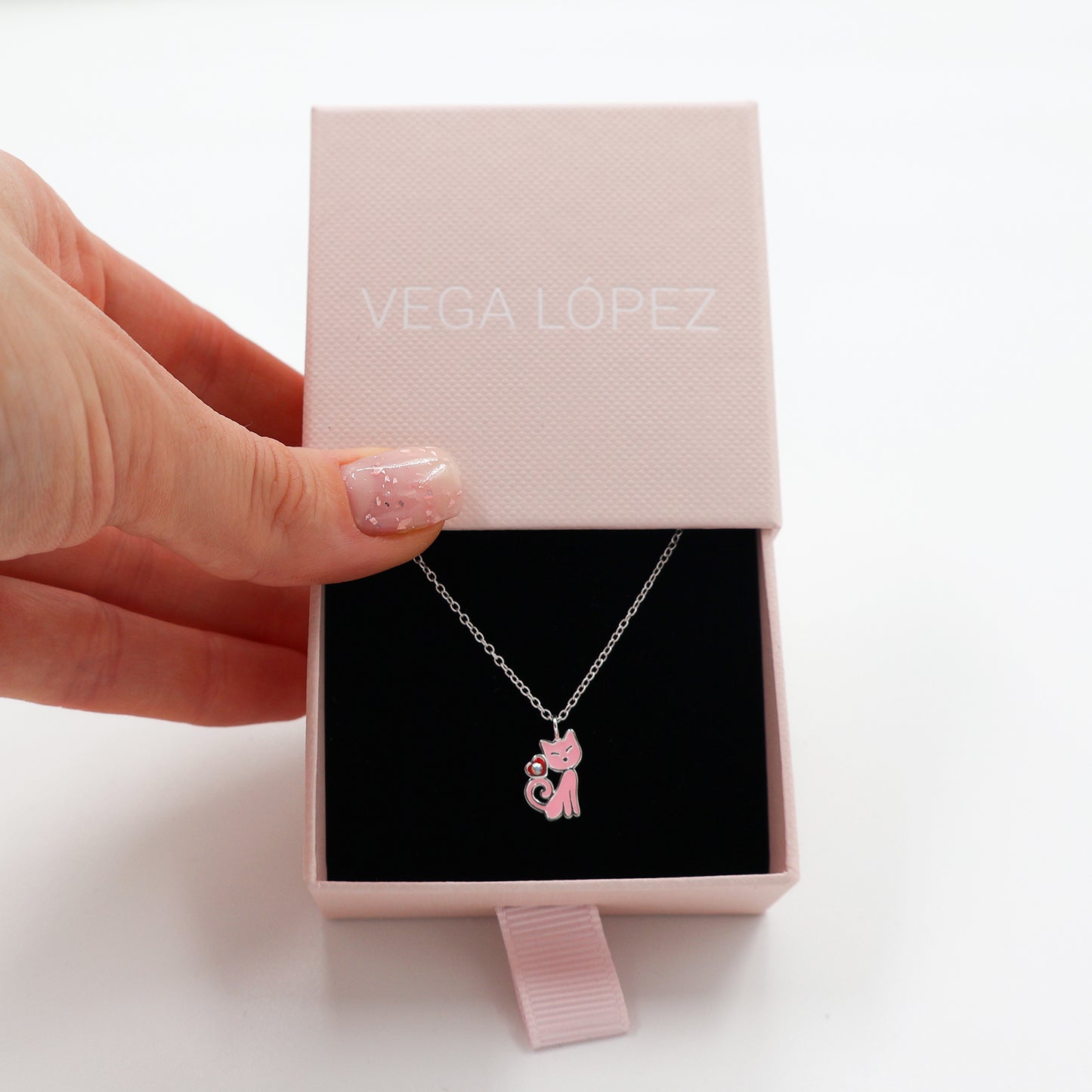 Silver Cat Pendant Necklace for Kids with Pink Epoxy Resin, Heart, and Crystal – 925 Sterling Silver with Anti-Tarnish Coating