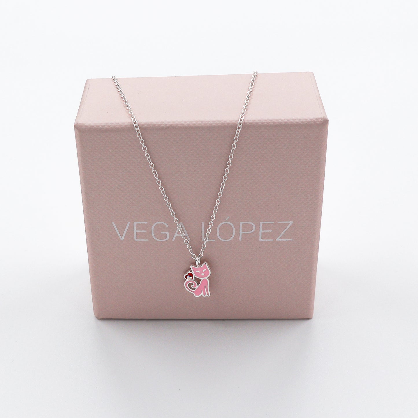 Silver Cat Pendant Necklace for Kids with Pink Epoxy Resin, Heart, and Crystal – 925 Sterling Silver with Anti-Tarnish Coating