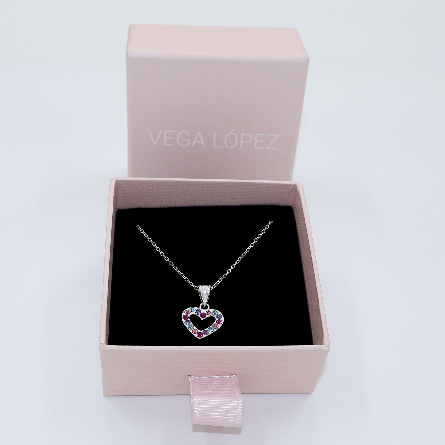 Sterling Silver 925 Heart Pendant Necklace with 16 Colorful Zirconia