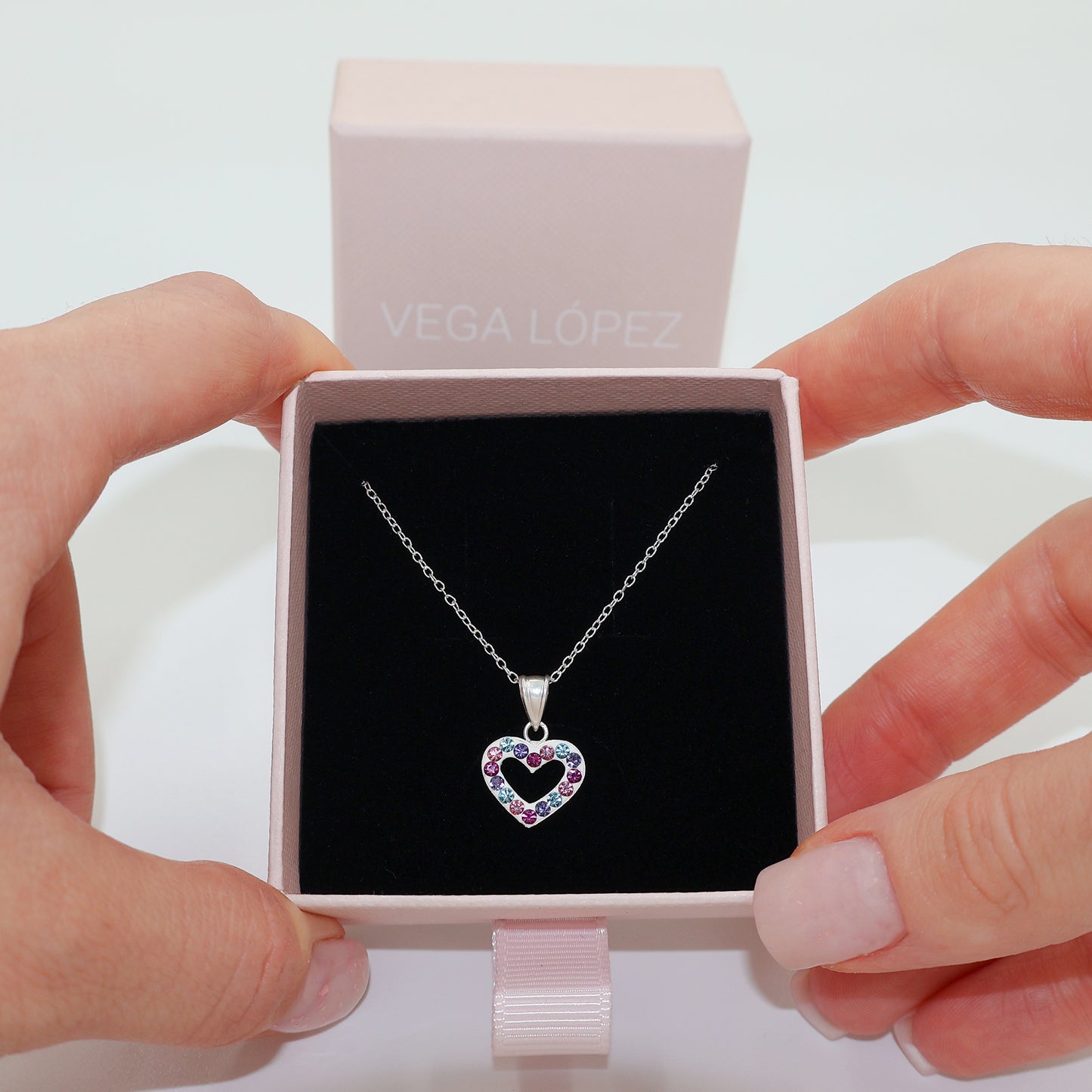 Sterling Silver 925 Heart Pendant Necklace with 16 Colorful Zirconia