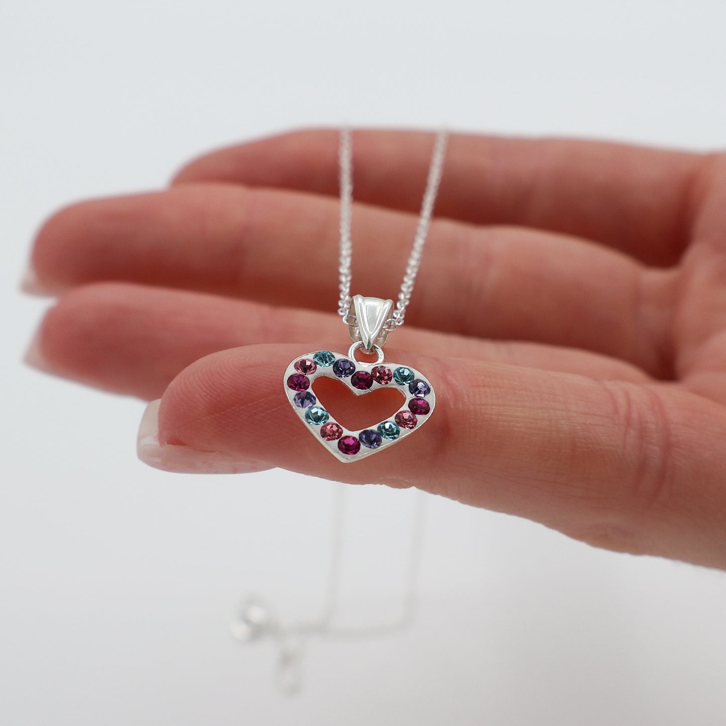 Sterling Silver 925 Heart Pendant Necklace with 16 Colorful Zirconia