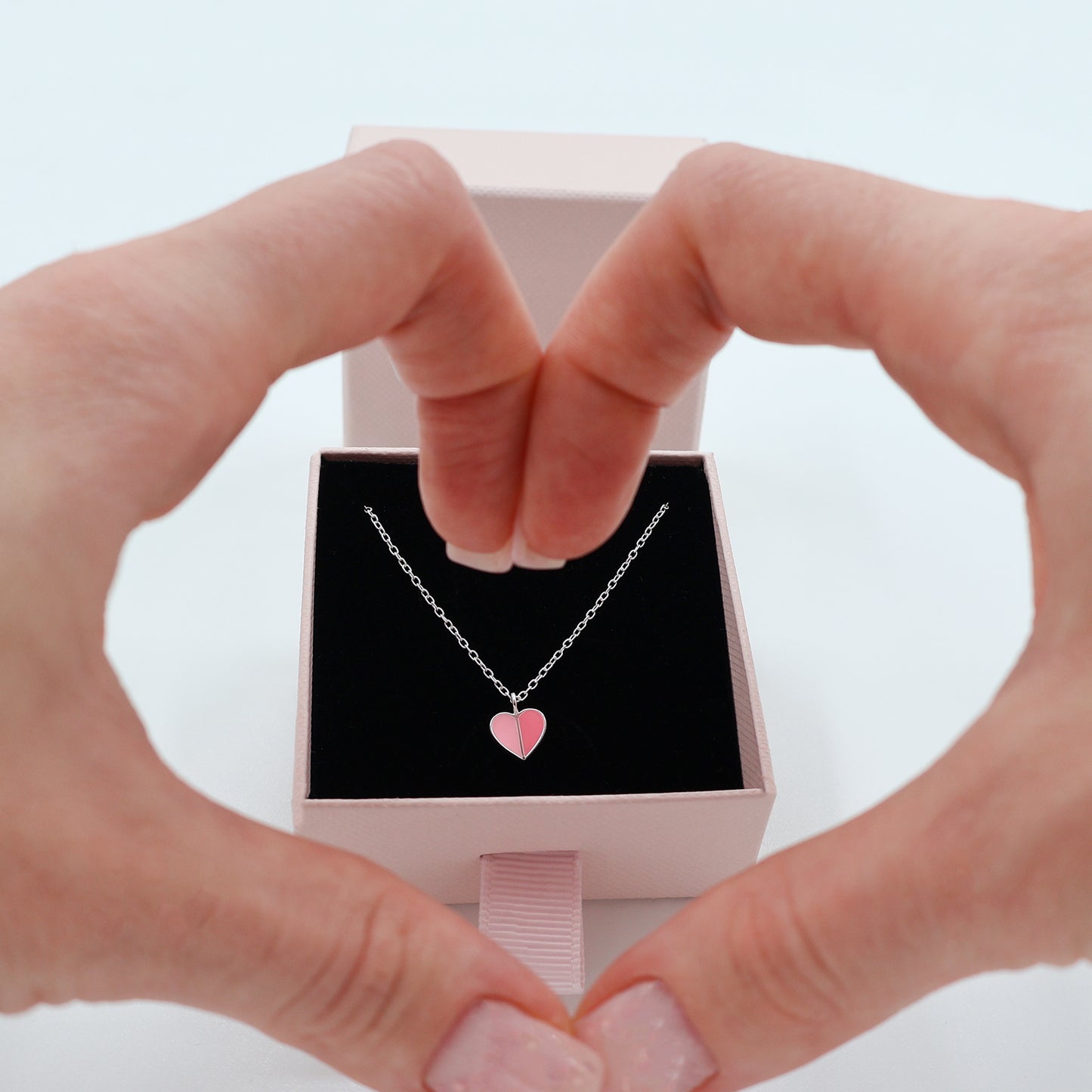 925 Sterling Silver Split Heart Necklace with Two Shades of Pink