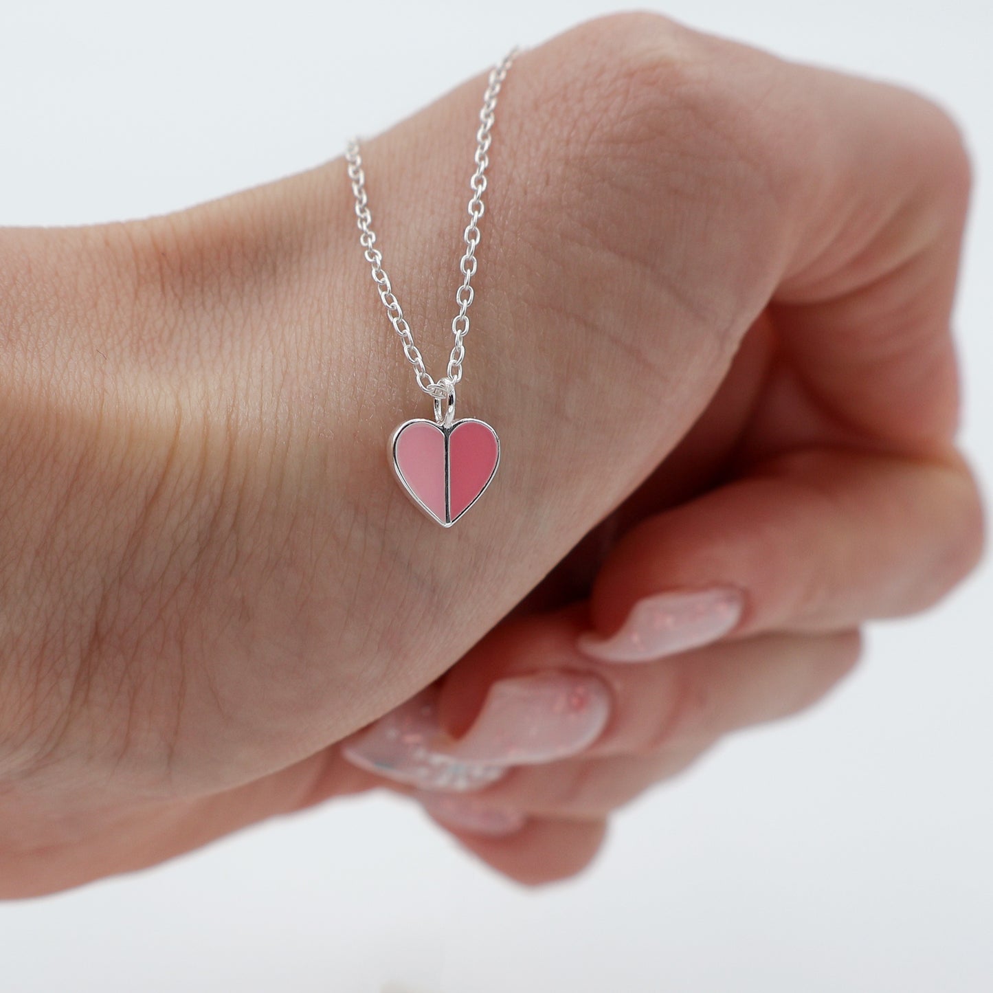 925 Sterling Silver Split Heart Necklace with Two Shades of Pink