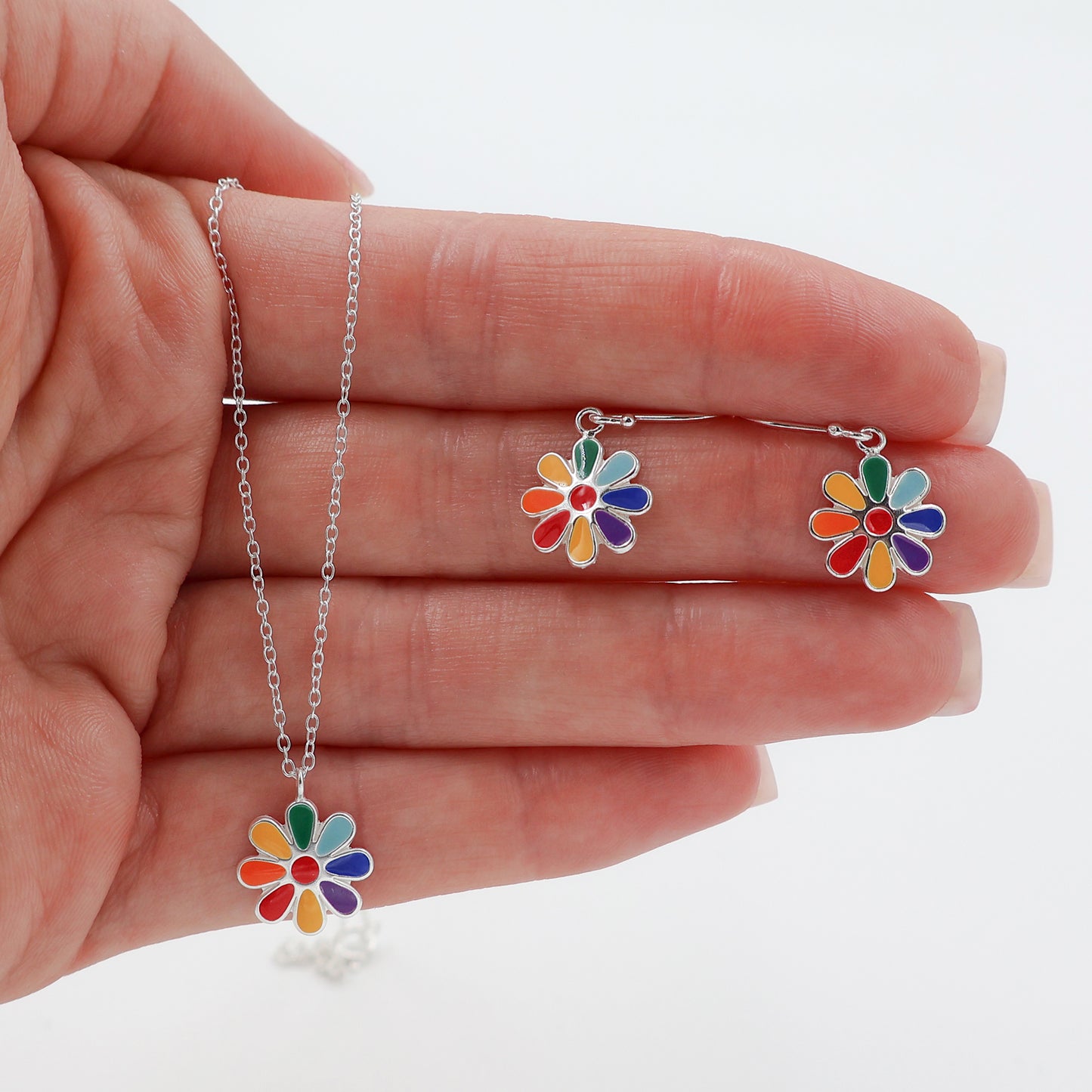 Sterling Silver Jewelry Set - Multicolor Petal Flower Necklace & Earring