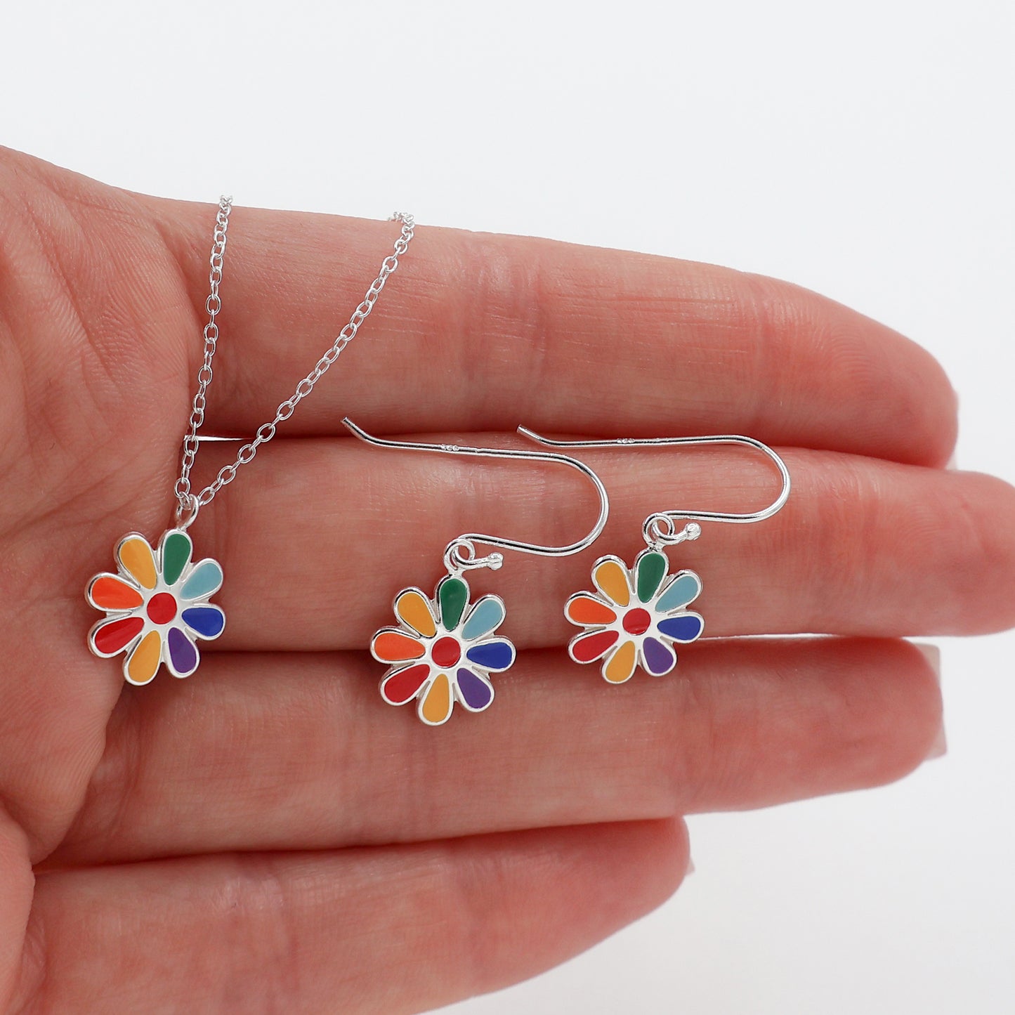 Sterling Silver Jewelry Set - Multicolor Petal Flower Necklace & Earring