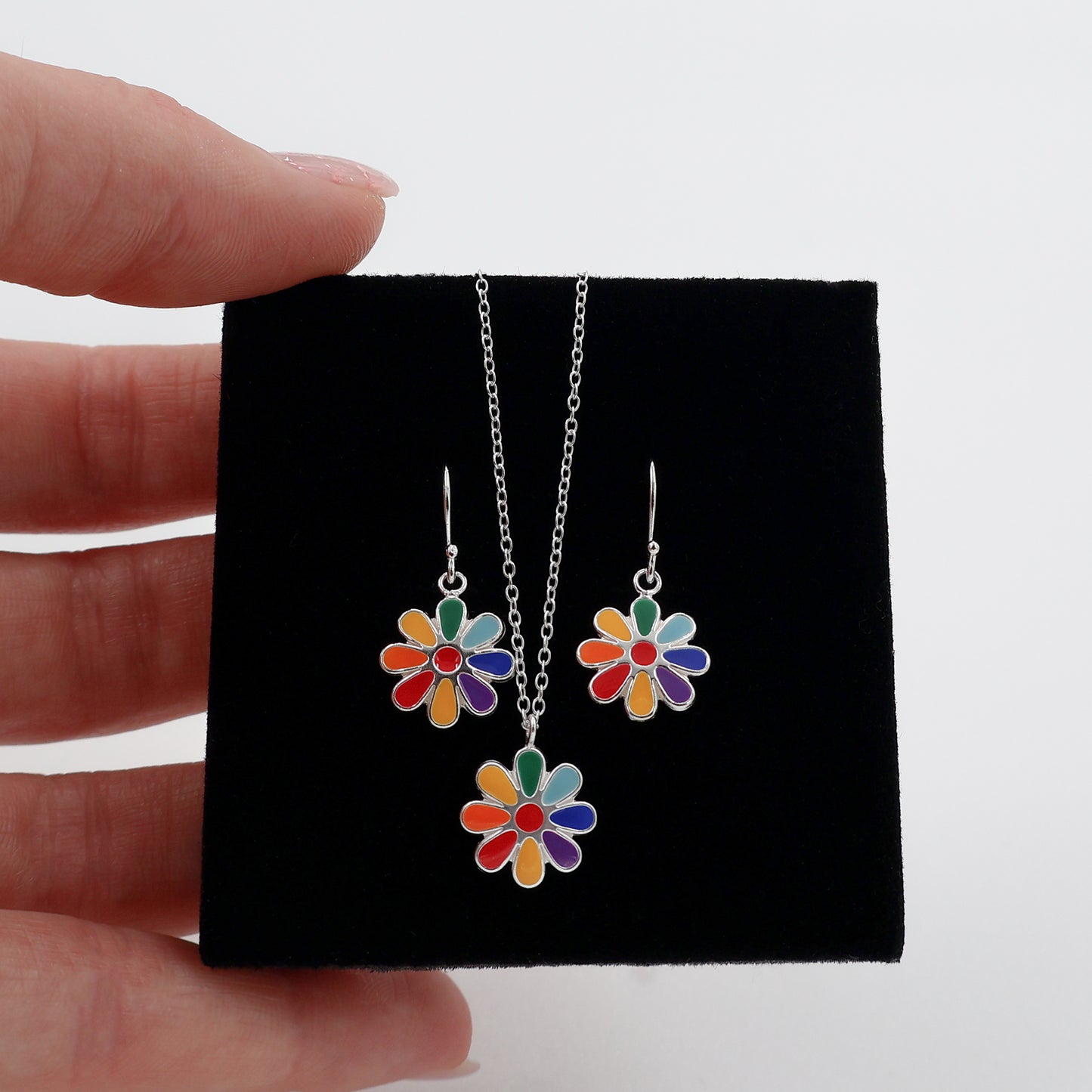 Sterling Silver Jewelry Set - Multicolor Petal Flower Necklace & Earring