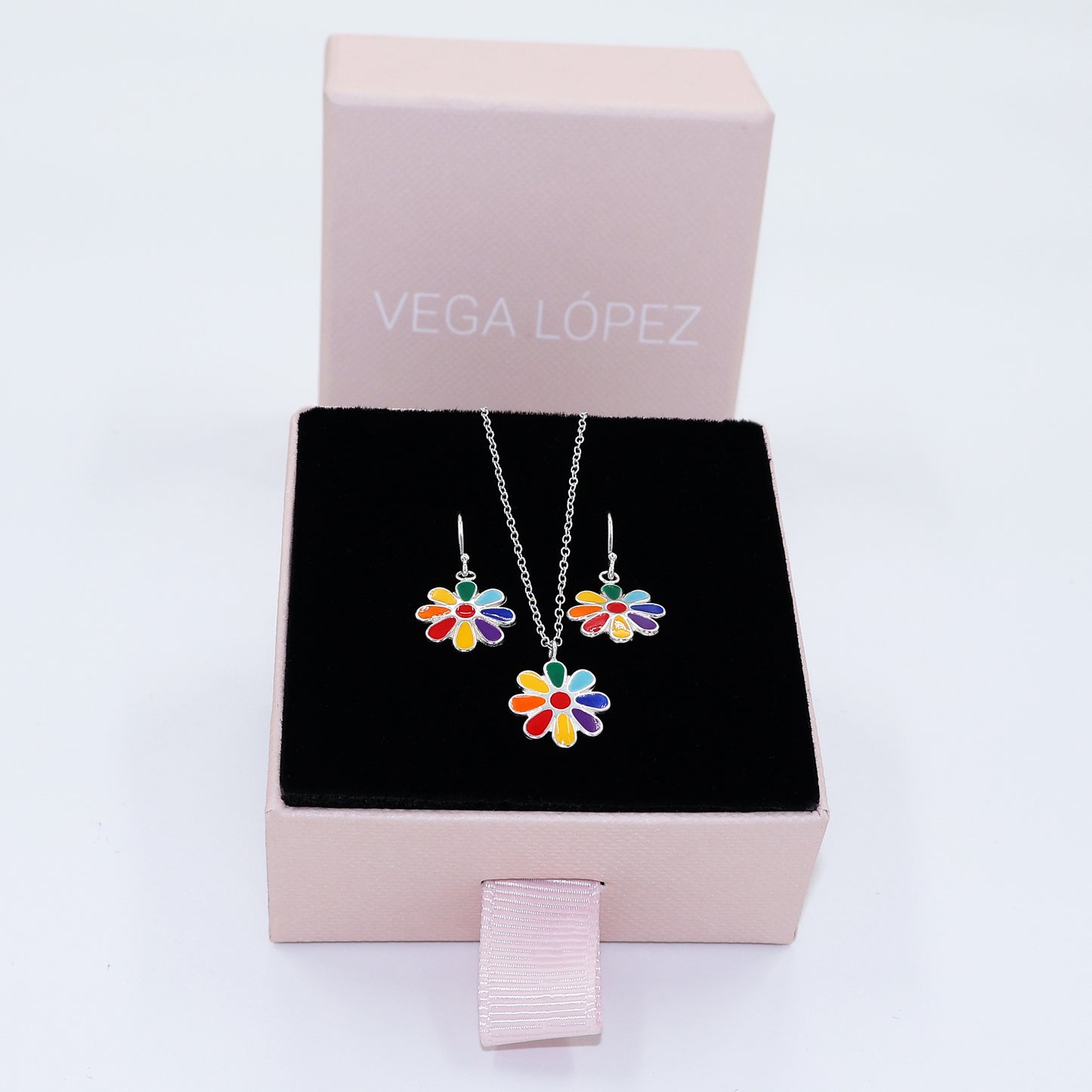 Sterling Silver Jewelry Set - Multicolor Petal Flower Necklace & Earring