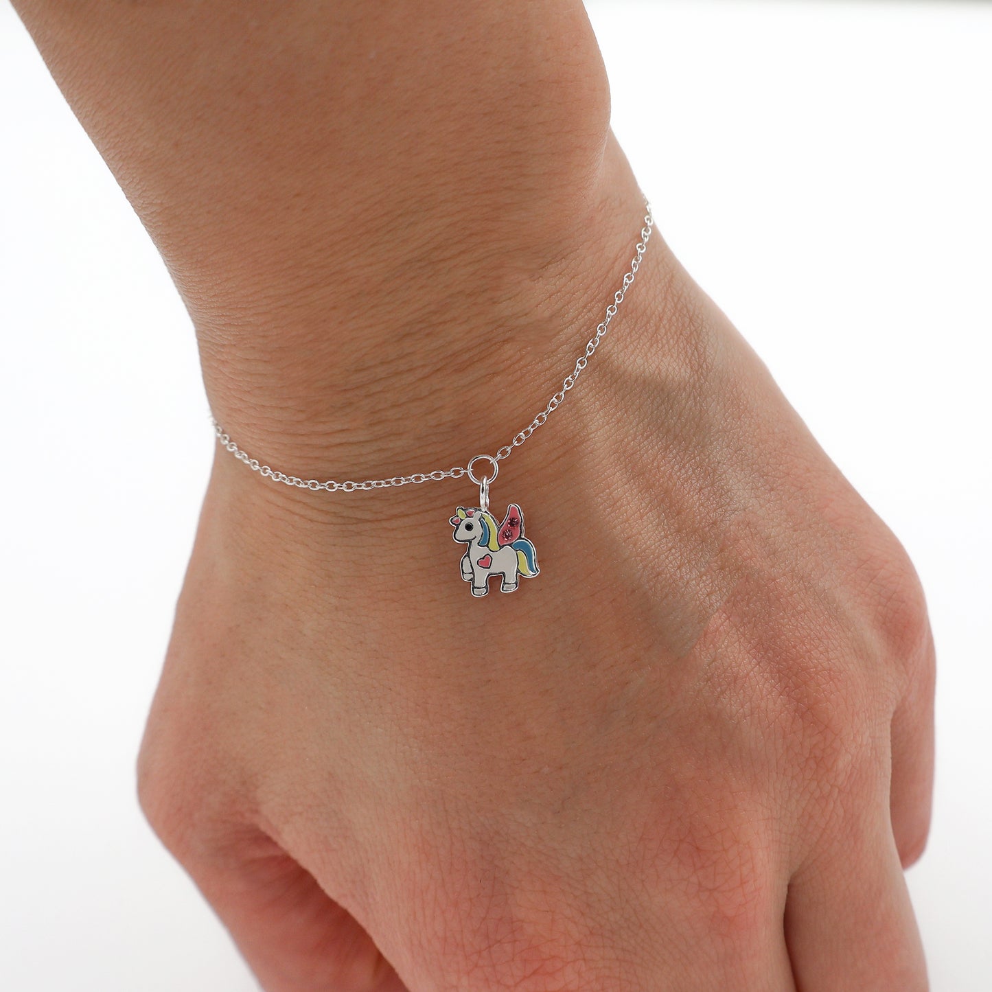 925 Silver Bracelet for Kids- Unicorn with Pink Wings and Sparkling Crystals