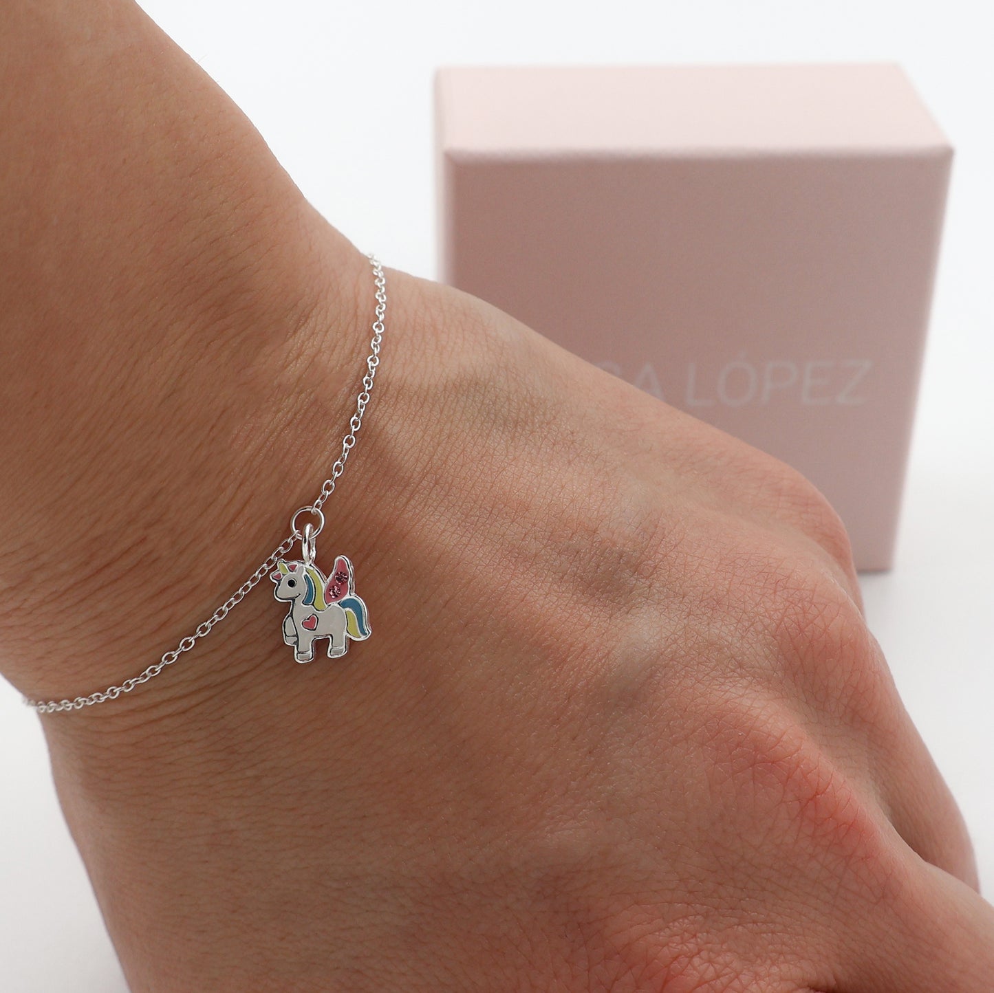 925 Silver Bracelet for Kids- Unicorn with Pink Wings and Sparkling Crystals