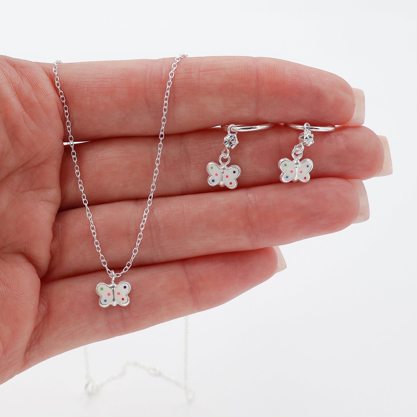 Sterling Silver Jewelry Set - Necklace and Earrings White Butterfly Pendant