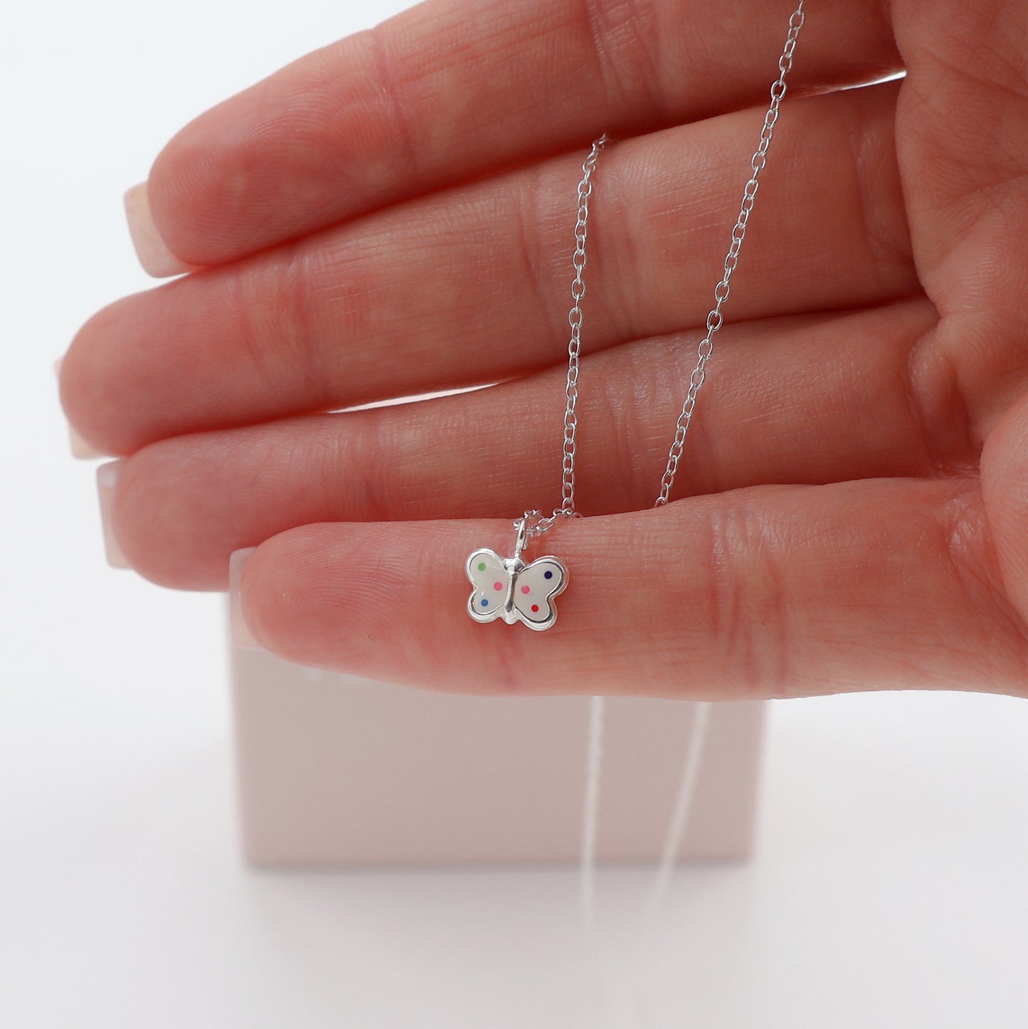 Elegant White Butterfly Necklace with Colorful Dots, 925 Silver, Delicate Design