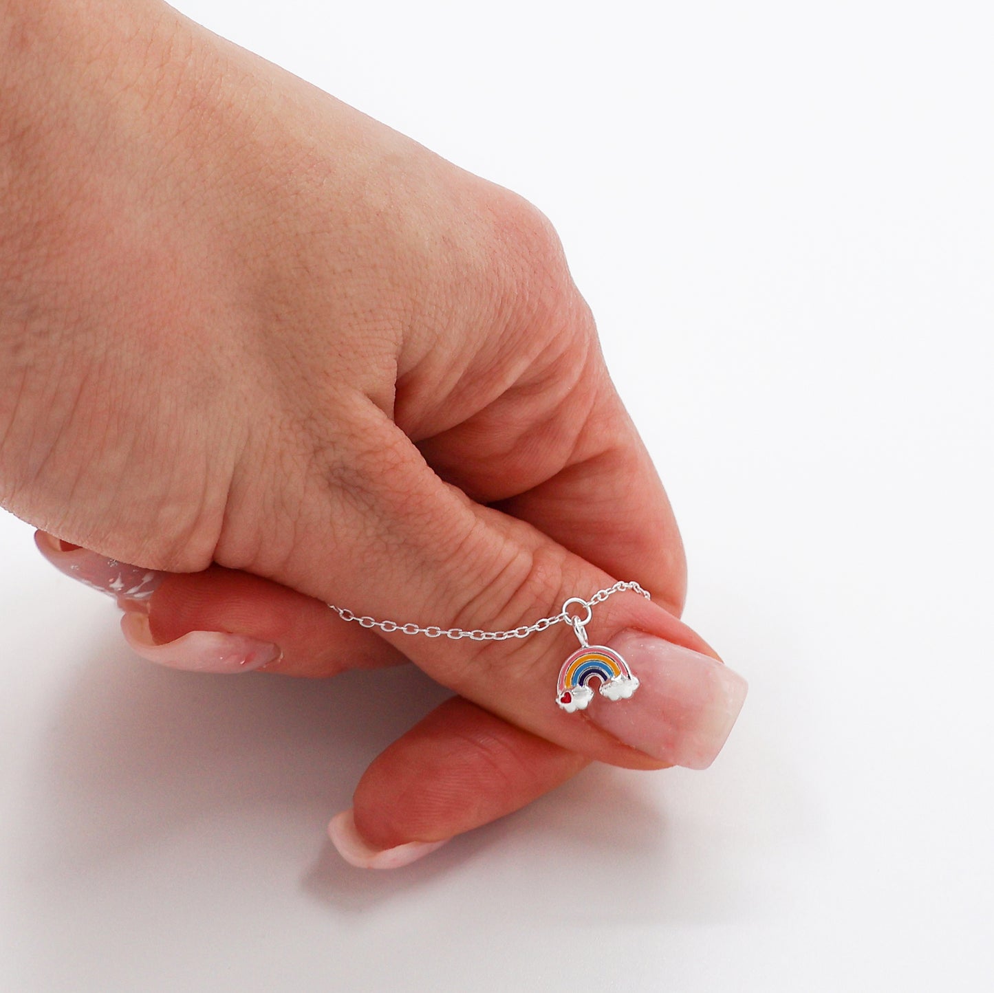 925 Sterling Silver Bracelet with Rainbow Pendant, Clouds, and Heart